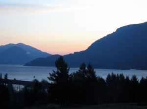 The sun coming up over the Columbia River Gorge