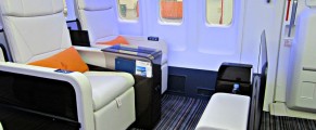 The interior seating area on the Beoing 757 Four Seasons jet is spacious with lots of leg room