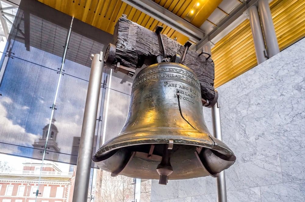 Liberty Bell at Independence Hall in Philadelphia, iconic historical landmark.