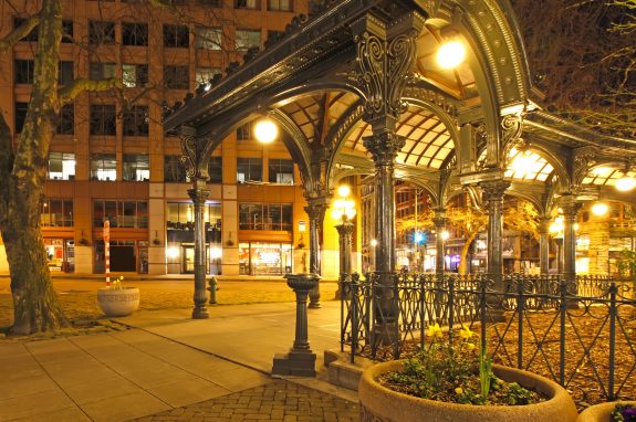 Pioneer square in Seattle at early spring night. Empty street.
