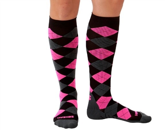 Zensah compression socks in black and pink argyle pattern