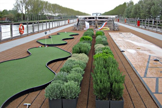 The top deck of the Viking Eistla has shuffleboard, a putting green, and a herb garden