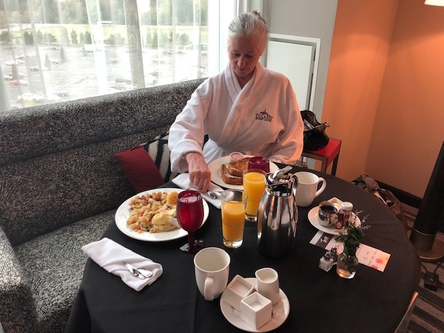 Enjoying early morning room service at Tulalip Resort and Casino in Washington State.