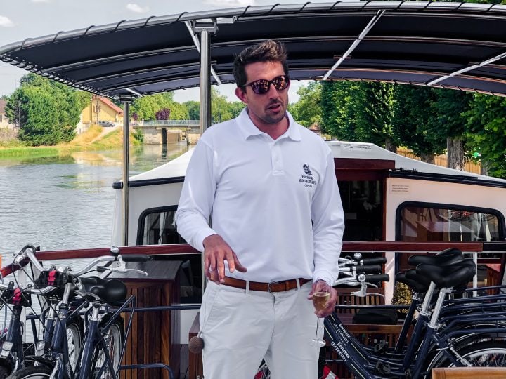 Our captain on La Belle Epoque, Luke, welcomes us onboard for our French canal barge cruise.