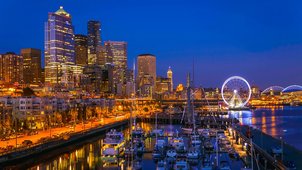 Seattle waterfront after sunset. 