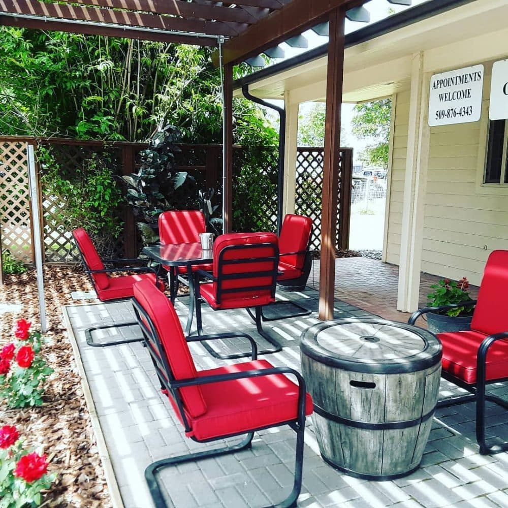 Enjoiy wine tasting on the VIP Patio at Smoky Rose Cellars in Walla Walla, Washington. 