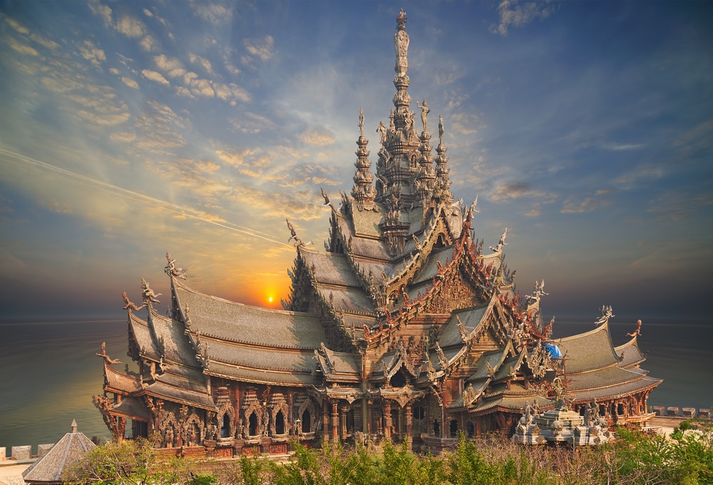 Sanctuary of Truth is a temple construction in Pattaya, Thailand. The sanctuary is an all-wood building filled with sculptures based on traditional Buddhist and Hindu motifs.