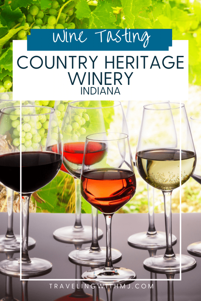 pinterest pin of wines lined up for tasting at country heritage winery in indiana