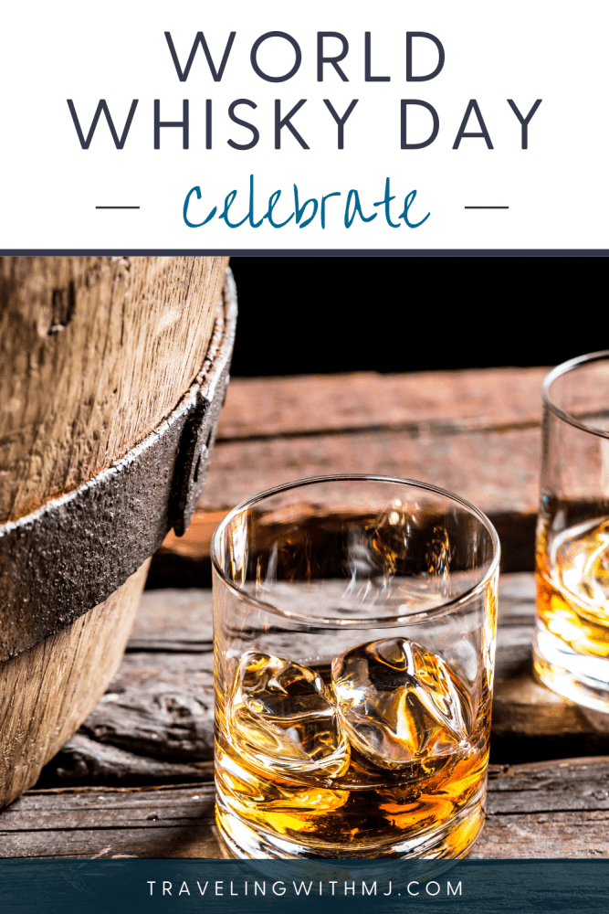 a pin for pinterest with whiskey on the rocks on a wood table