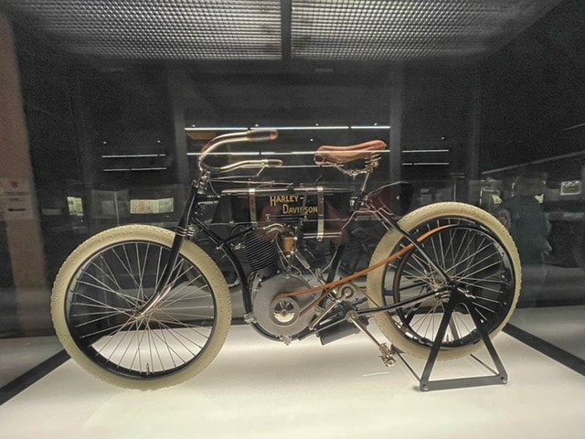 An old-style Harley at the Harley Davidson Museum in Milwaukee, Wisconsin.