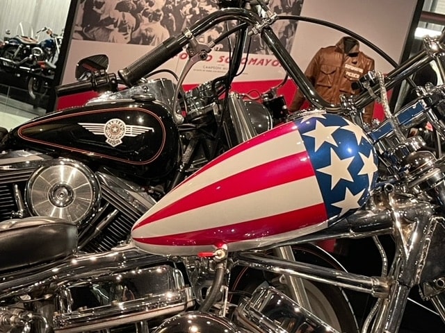 A replica of the Harley from Easy Rider at the Harley Davidson Museum in Milwaukee, Wisconsin.