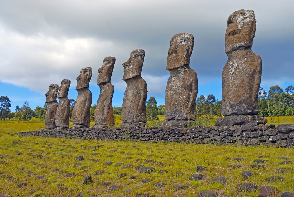 a row of mohai on rapa nui, also known as easter island