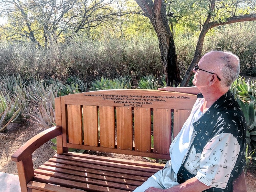 man sitting on a bench looking out over gardens