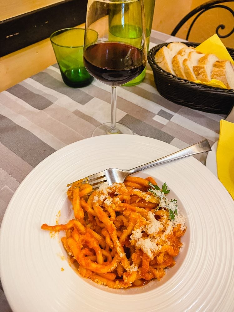 Pici Pasta with ragout sauce and grated pecorino chees.