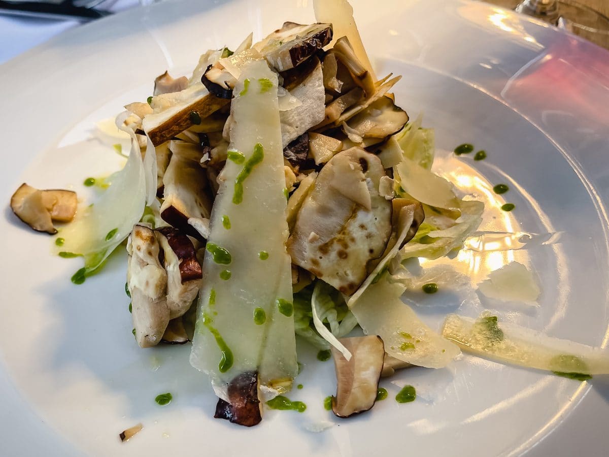 A mushroom salad with apples and shaved pecorino cheese.