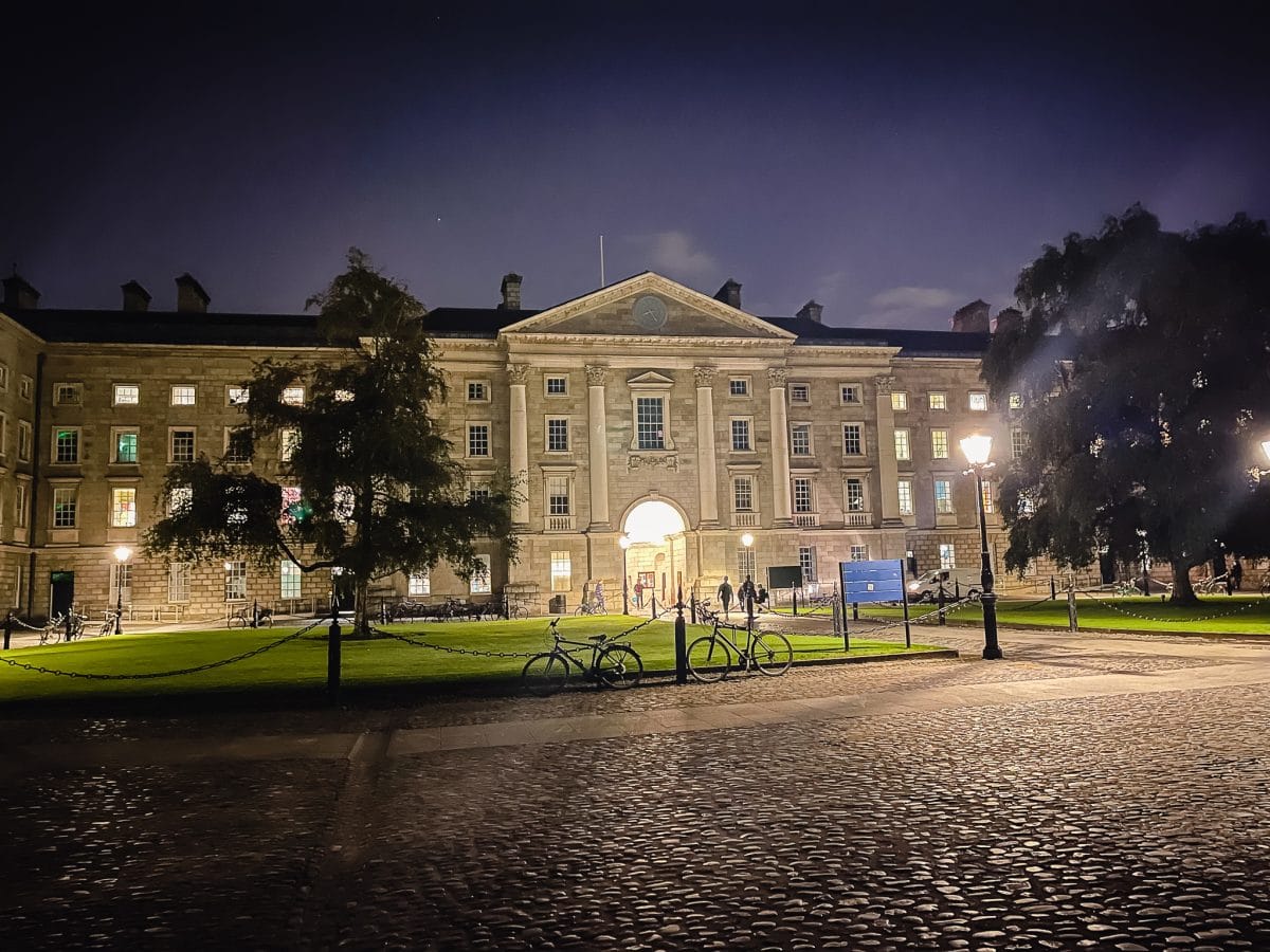 night time shot of Trinity College in ireland