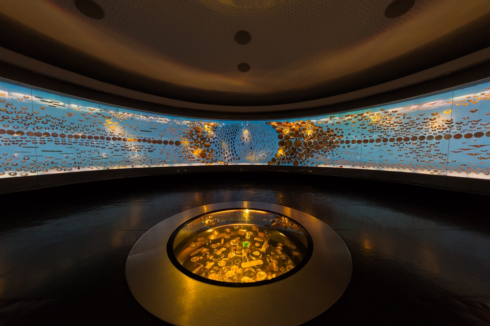 interior display of gold artifacts at the museo de oro gold museum in bogota colombia