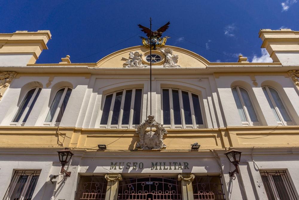 Facade detail of Military Museum of Colombia in La Candelaria, Bogota.