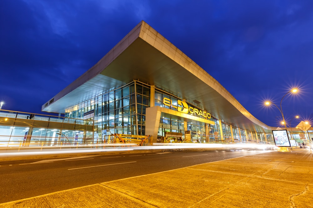 Bogota El Dorado Airport Terminal (BOG) in Colombia, exterior shot at night