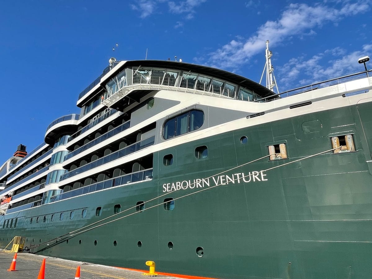 the green exterior of Seabourn Venture, luxury expedition cruise in south america