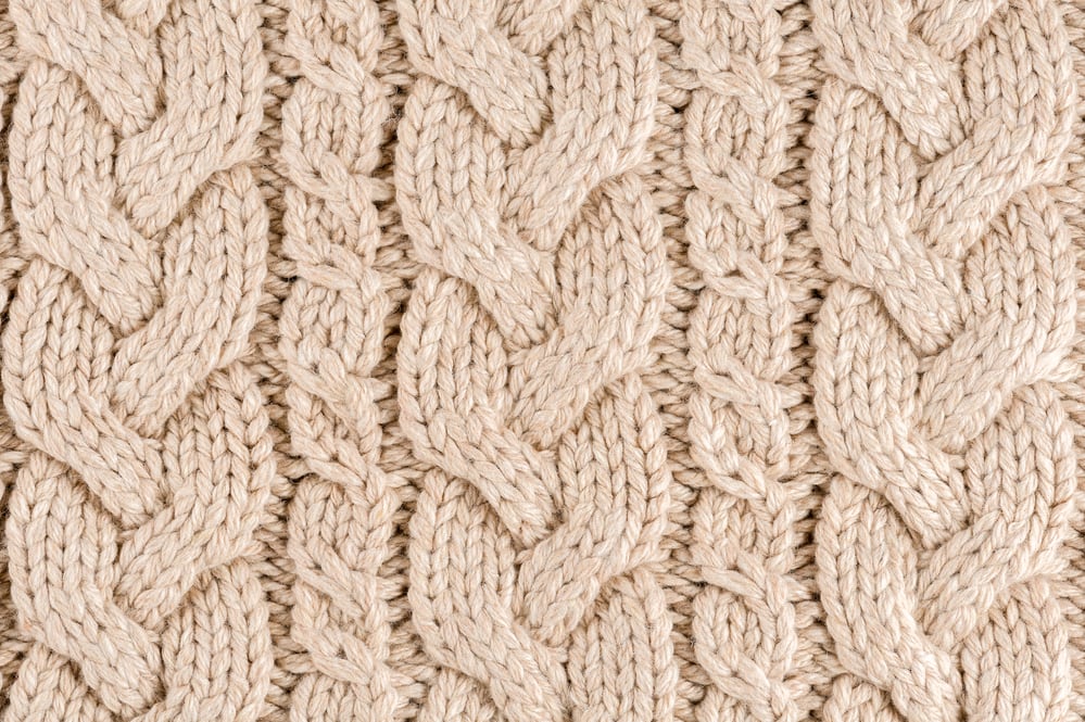 knitted cable stitches with white merino wool used for aran sweaters