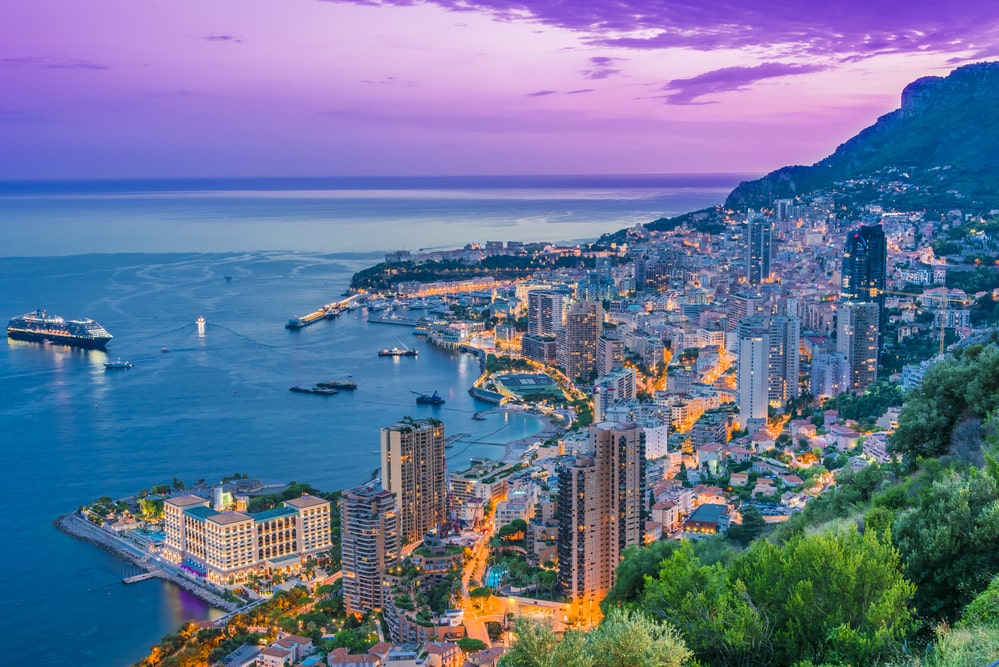 View of the city of Monaco on French Riviera after sunset.