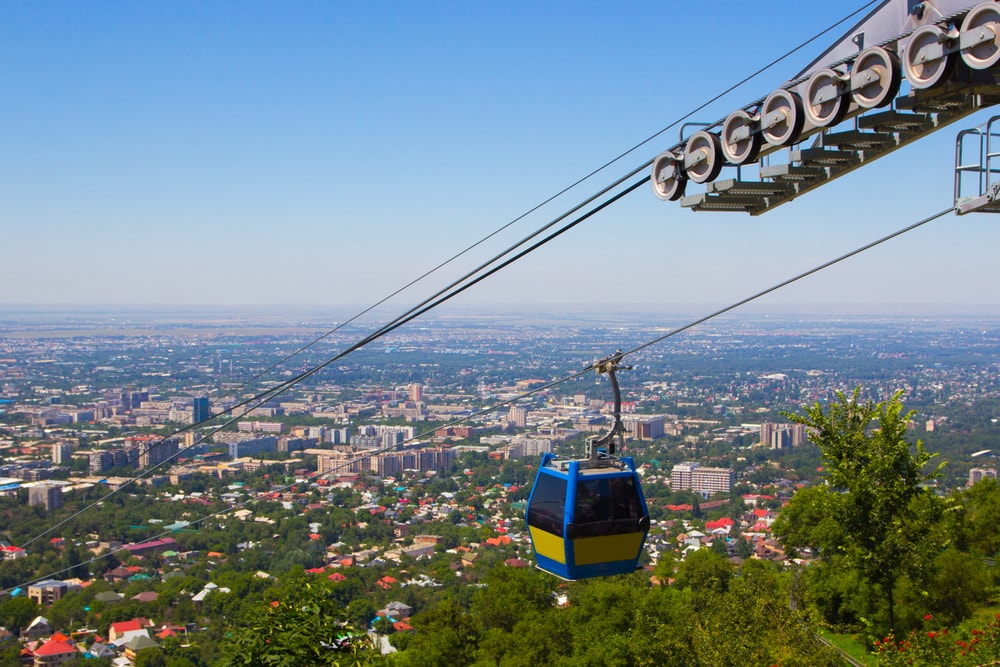 Almaty city view from Koktobe hill and cabin of cable car, Kazakhstan 