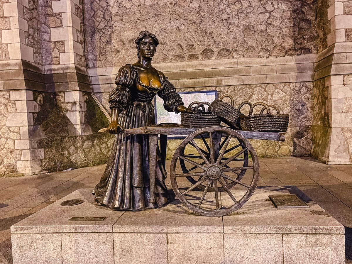 the molly malone statue in dublin depicting a bronze fishmonger with a cart