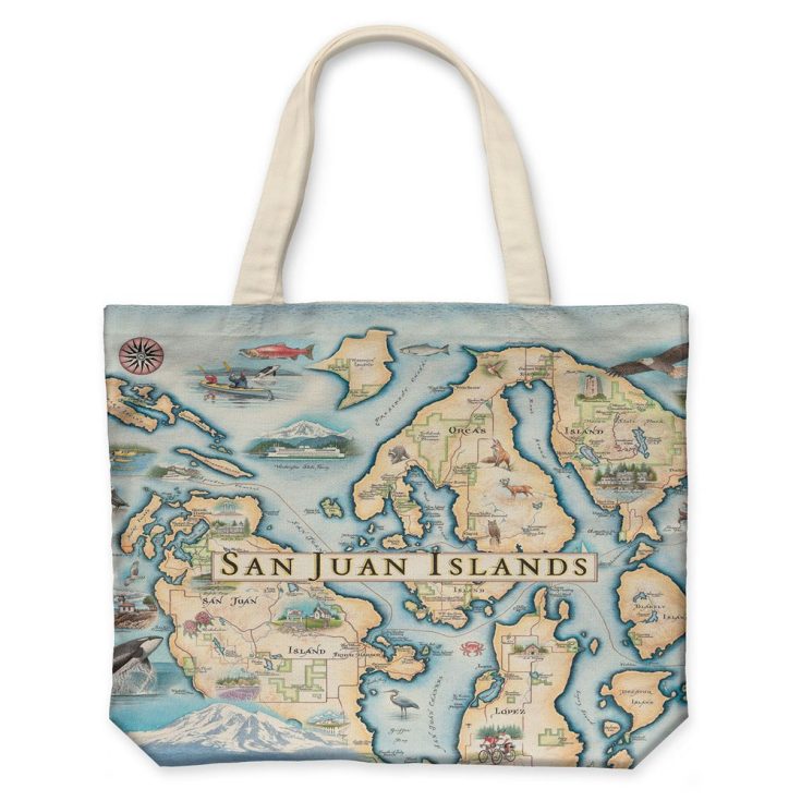 Tote bag with San Juan Islands map, perfect for travel enthusiasts and souvenirs.
