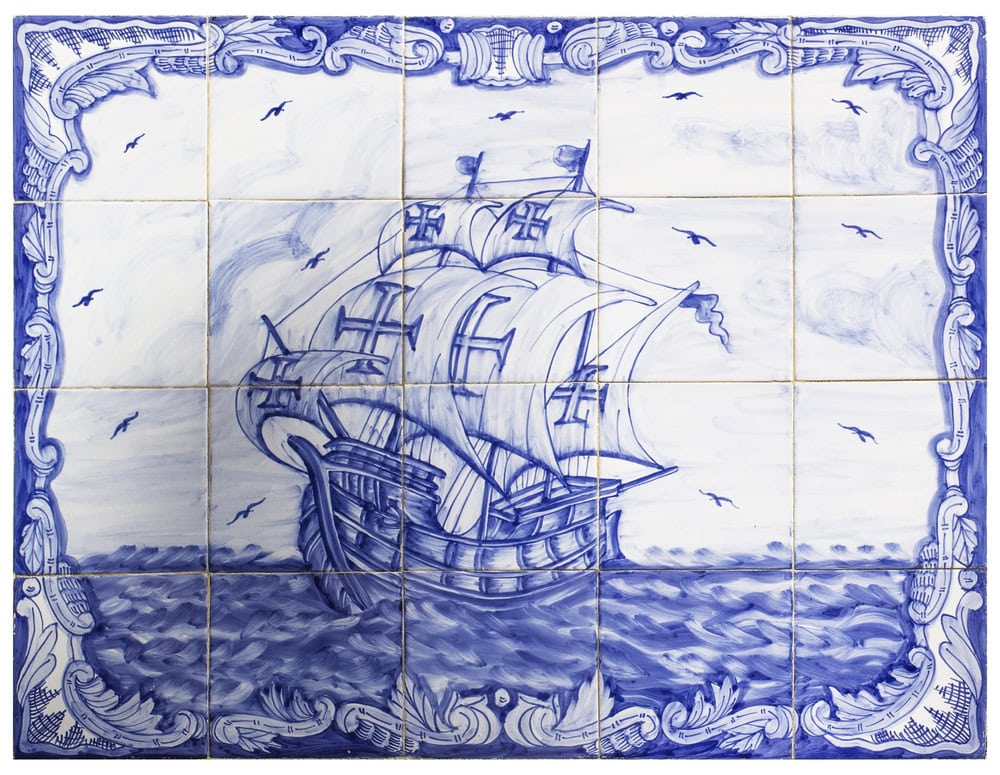 portuguese azueljo ceramic tiles formed to make a ship on the high seas