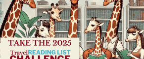 Giraffes reading books in a cozy library setting, promoting travel and reading challenges.