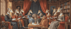 2026 Travel Reading Challenge (9th Annual) 8 Giraffes in formal attire reading books.