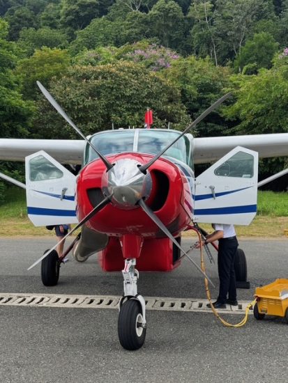 Aircraft being serviced on tarmac with crew members and lush green background.