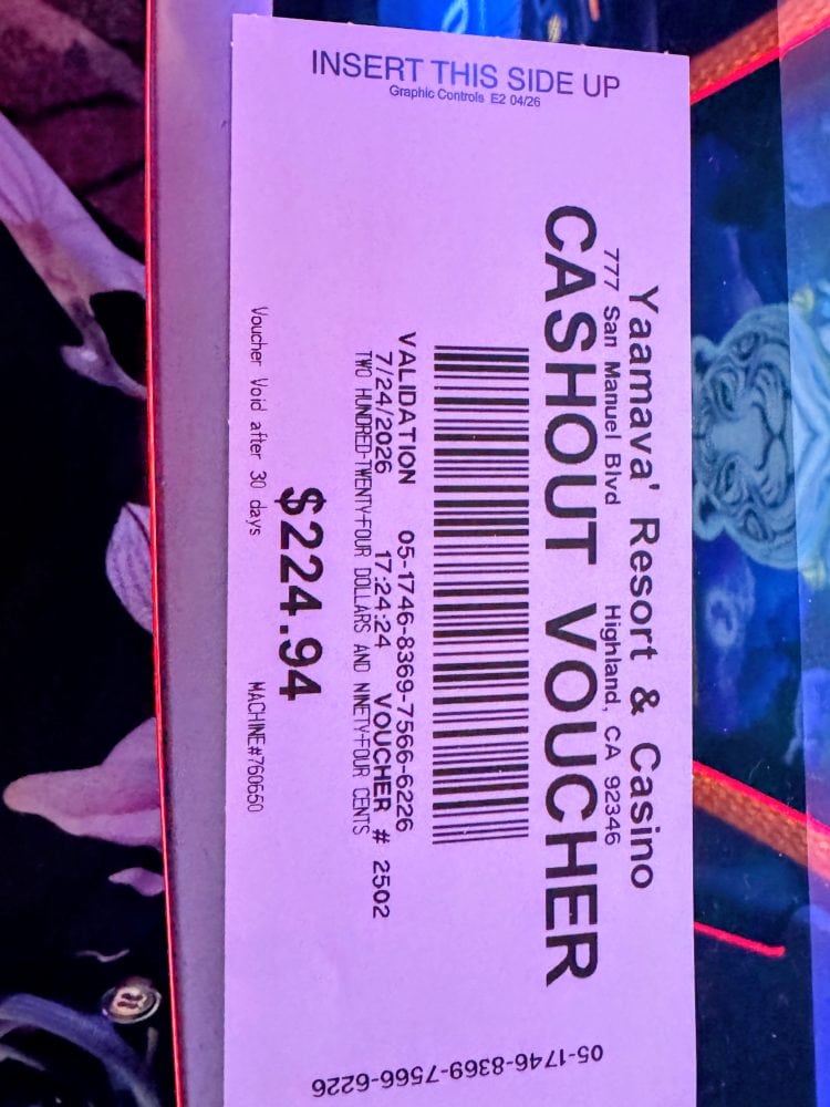 Yamawa Resort & Casino cashout voucher with barcode and details.